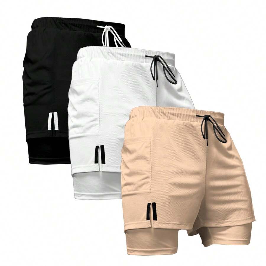 Kit 3 Dry Fit Thermal Training Shorts 2 In 1 With Cell Phone Pocket And Towel Holder Fitness Gym Shorts - White - View 1