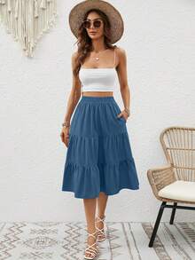 Váy xanh LUEYUN cho nữ, váy thường ngày cạp chun, quần áo nữ mùa thu - Xanh denim - Xem 2