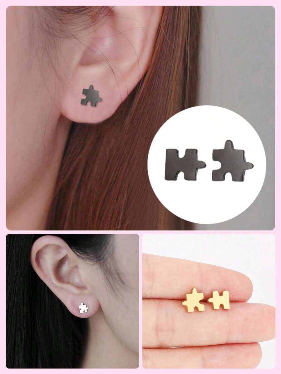 6 Pcs Minimalist Stainless Steel Puzzle-Shaped Mini Earrings, Featuring A Unique And Cute Puzzle Design, Suitable For Women To Wear Daily And At Parties, A Great Gift For Friends