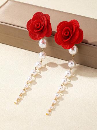 1 par överdrivna örhängen med röda blommor och tofsar för kvinnor, lämpliga för fest och vardagsbruk