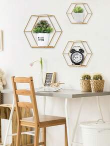 6件套六角形金属壁架，创意铁艺壁架，浮动金属储物架，现代金属墙壁收纳架，壁挂式装饰储物架，简约木质隔断架，适用于厨房、浴室、客厅、卧室、办公室、小空间（颜色和款式随机） - 黑色 - 查看 9