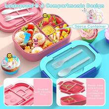 Bento Box, 44oz 4 Compartment Lunch Container With Cutlery For Kid/Adult/Toddler, Leak Proof, Microwave/Dishwasher/Refrigerator  Convenient Lunch Bento Box For School, Work, Picnics And Home Use. The Package Includes A Lunch Box With 4 Compartments, Reusable Tableware, 4 Muffin Cups And Animal Food Picks Set