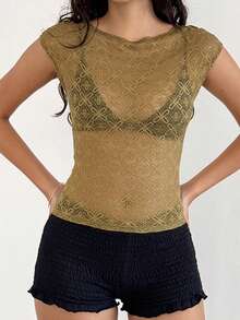 Women Y2k Lace Going Out Crop Top Summer Cap Sleeve Scoop Neck Solid Color T-Shirts Blouses Lace Floral Aesthetic Clothes Y2k Floral Lace Shirt Blouse - màu xanh lá - Xem 2