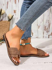 Korean Casual Flat Slippers For Women, Open Toe, Braided Roman Style, Spring/Summer New, Fashion French Style For Dresses, Suitable For Beach, Outdoor, Home, Brown