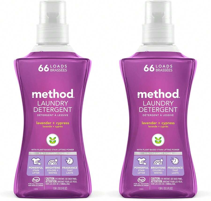 Detergente líquido para ropa Method, aroma a jengibre y mango, 66 cargas por botella, fórmula hipoalergénica y a base de plantas para eliminar manchas, 53.5 onzas fluidas (paquete de 1) - Lavanda + Ciprés - Ver 1