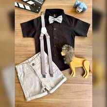 Conjunto Social Bermuda Nude com Camisa Preta e Kit Gravata e Suspensório Infantil - Preto - Visão 1