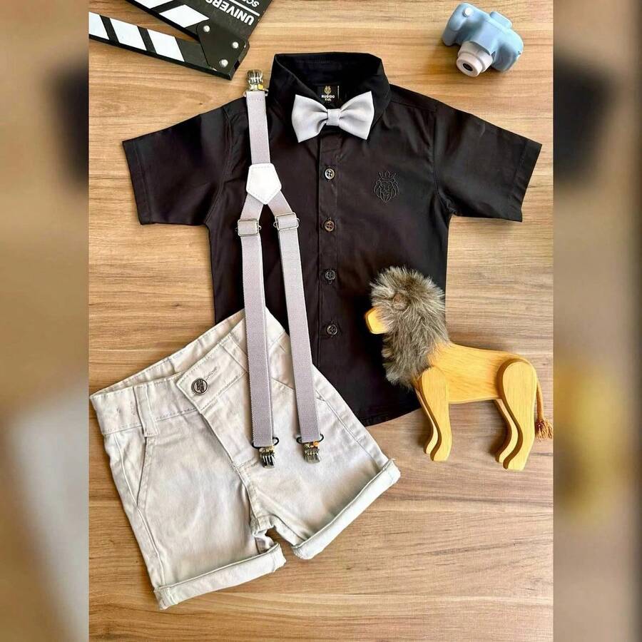 Conjunto Social Bermuda Nude com Camisa Preta e Kit Gravata e Suspensório Infantil - Preto - Visão 1