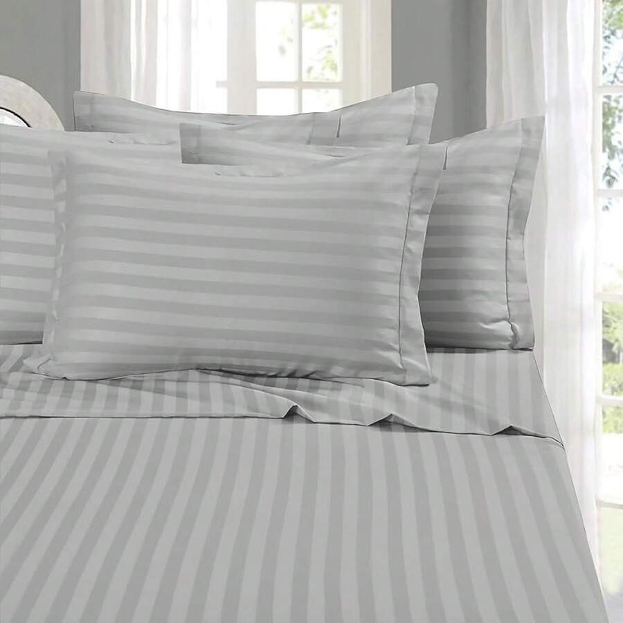 Elegant Comfort, Softest, Coziest 6-Piece Sheet Sets! 1500 Hotel Quality Luxurious Wrinkle Resistant Damask Stripe Bed Sheet Set, Black - Bedding 2025 - 銀色 - 查看 1