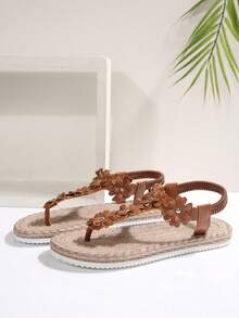 New Flat Sandals Women Flat Peep Toe Ditsy Floral Decor Slip-On Elastic Band Casual Beach Sandals, European And American Style,Flip Flops,Spring Summer Outfits - Brown - View 7