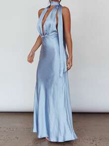 Women's Satin Halter Dress Solid Color Deep V-Neck Backless Slim Long Dress For Party - Blue - View 4