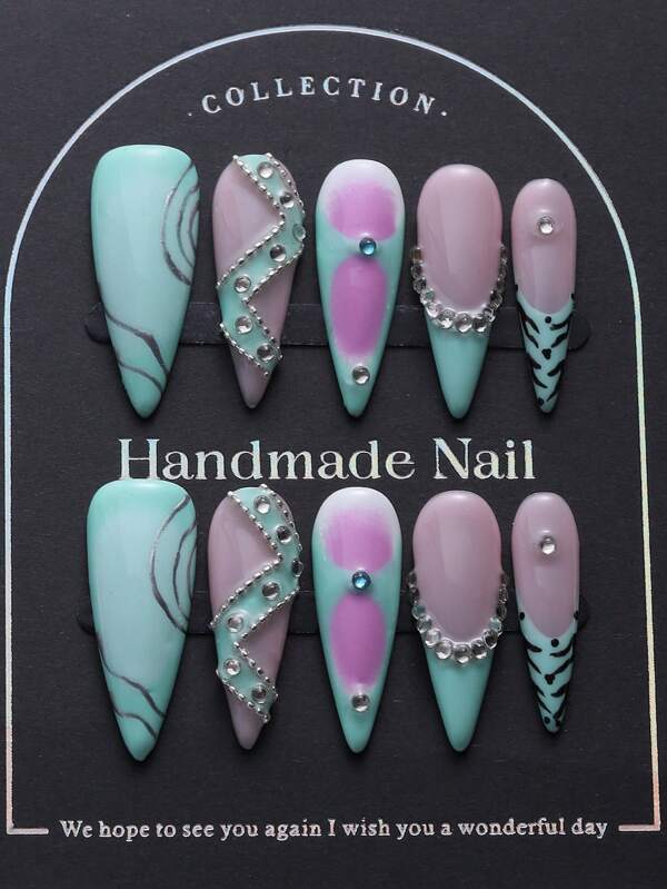10pcs Stylish Extra Long Nail Tips, Handpainted Tie Dye Spacey Gradient French Design With Chain & Rhinestone Embellishment, Luxury Handmade Nail Decor, Suitable For Women & Girls, Sweet & Sexy Looks, Y2K Style