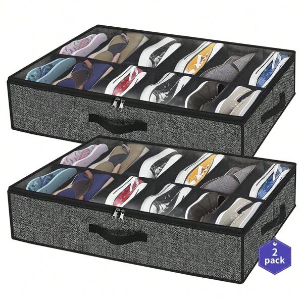Lot de 2 organiseurs de rangement de chaussures robustes sous le lit, convenant pour 12 paires, solution de rangement de chaussures sous le lit avec fenêtre transparente, respirant