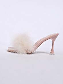 Women's Fluffy Feather-Like Open Toe High Heel Sandals, Outdoor Fashionable Casual Mule Stiletto Flower-Shaped Heels, Solid Color High Heel Sandals, Perfect Choice For Spring/Summer Outings - Pink - View 3