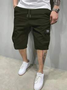 1pc Men's Solid Color Pocket Drawstring Waist Casual Summer Cargo Shorts