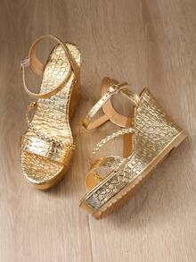 New Round Toe Beach High Heels, Solid Color Bohemian Fashion Woven Texture Metallic Women Shoes,Suitable For Vacation/Outdoor, All Season - Gold - View 5