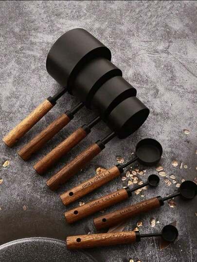 4pcs/8pcs Set Of Premium Stainless Steel Measuring Spoons And Cups, Multi-Color Measuring Spoons And Cups, Suitable For Boiling Milk, With Wooden Handle - Durable, Rust-Proof, Easy To Clean, Ideal For Cooking, Baking, DIY Projects, Cooking, Traveling, Measuring Baking Tools, Coffee And Tea, Bar Accessories