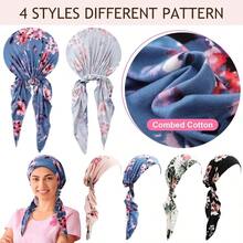 4 Pieces Chemo Headwear For Women Pre Tied Caps Soft Cotton Elastic Head Scarf For Patients - FloralPattern - View 2