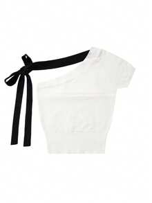 Wool Blend Multi-Tie Retro Chic Slash Neck Knitted Top For Women, Spring - White - View 5