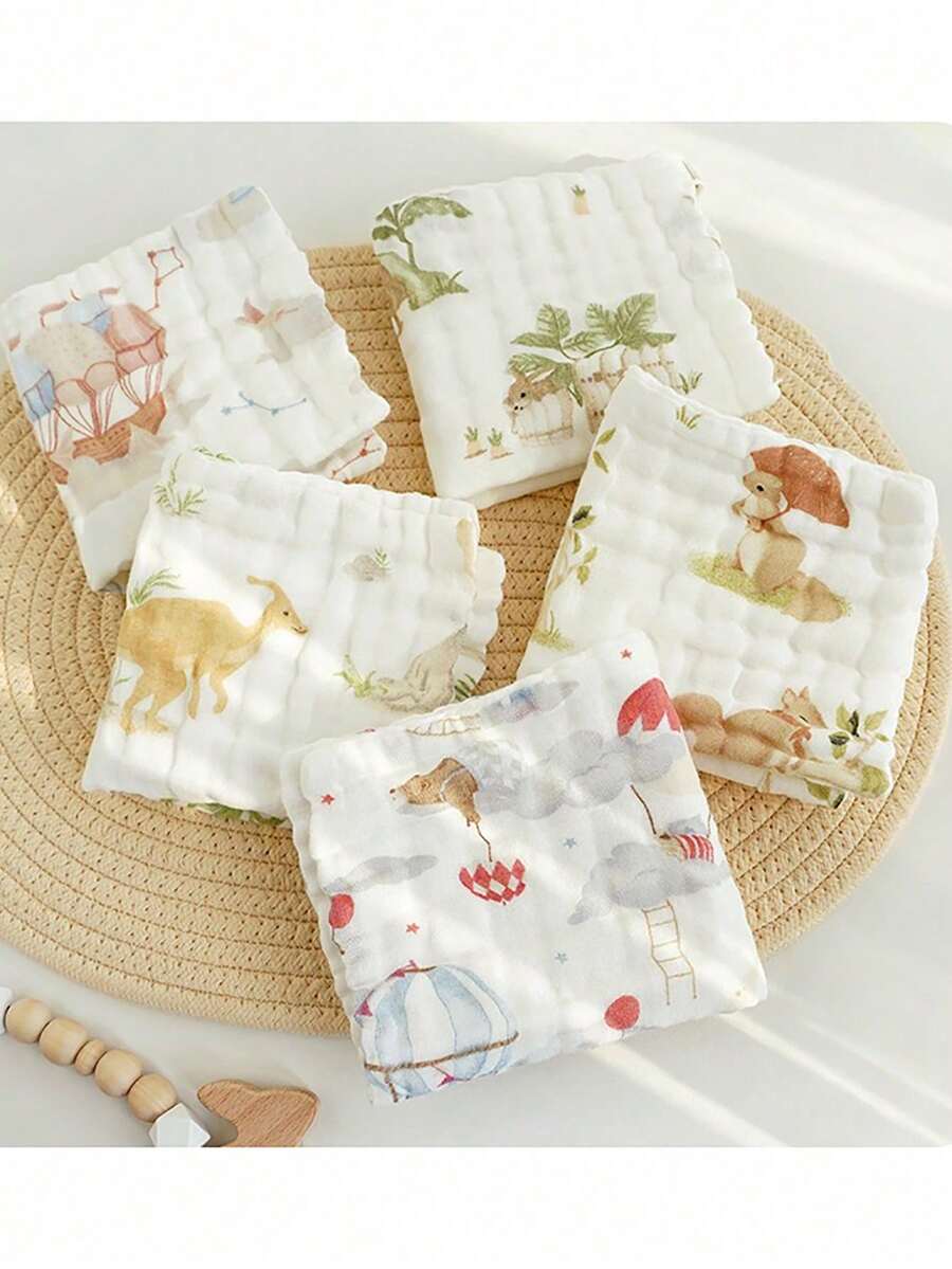 5pcs/Set Cartoon Animal Print Baby Drool Bibs, Newborn Soft Cotton Washcloth Handkerchiefs, Baby Essentials - Multicolor - View 1