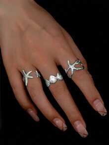 3Pcs/Set Unique Seashell, Starfish Style Adjustable Rings, Vacation Coastal Fashion Accessories For Women - Silver - View 1