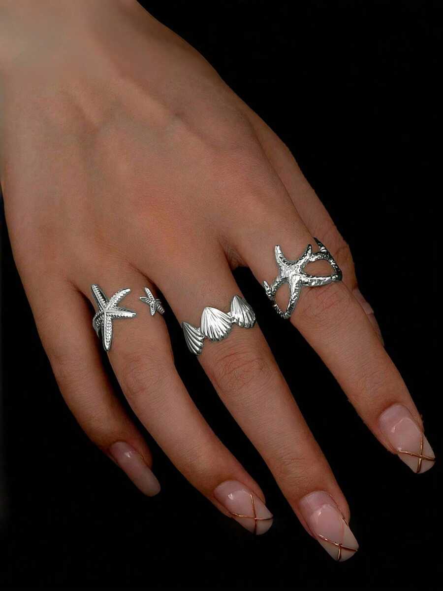 3Pcs/Set Unique Seashell, Starfish Style Adjustable Rings, Vacation Coastal Fashion Accessories For Women - Silver - View 1