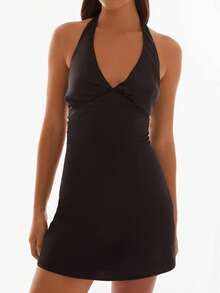 Women's Halter Deep V Neck Backless Summer Mini Dress Sleeveless Back Tie-Up Cocktail Party Short Dresses - màu đen - Xem 1