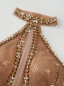 Đầm dạ hội dáng ôm, cổ yếm, khoét eo, xẻ tà bên hông, chất liệu sequin lấp lánh, màu champagne, thích hợp cho tiệc sinh nhật, dạ tiệc sang trọng, lễ hội âm nhạc, lễ hội hóa trang, đám cưới, sự kiện thảm đỏ. - Vàng - Xem 8