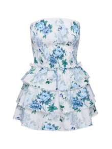 Women Mini Dress, Strapless Backless Floral Layered Slim Fit Summer Tube Dress Clubwear - Màu xanh lam - Xem 6