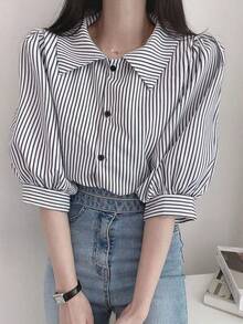 Las mujeres de la vendimia de cinco cuartos de manga camisa a rayas camisa de verano versátil cinco camisa de manga corta - Negro - Ver 3