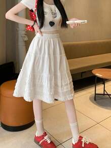 High-Waisted Flowy Ruffle Trim A-Line Skirt, White Casual Versatile Cake Skirt, Summer 2025 Korean Style