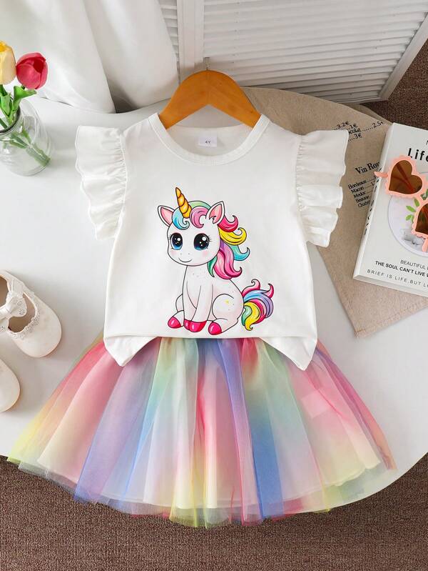 Conjunto de 2 peças para meninas, camiseta com gola redonda e manga curta e saia de malha com estampa de desenho animado tie-dye, roupa fofa