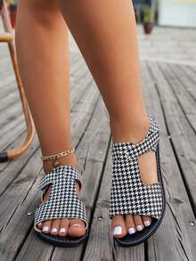 青少年钩环平底凉鞋，时尚舒适沙滩凉鞋，女童学生凉鞋 - 黑色 - 查看 1