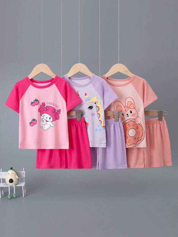 6pcs/Set Girls 100% Cotton Short Sleeve & Shorts Sleepwear Set, Unicorn & Bunny Print, Summer Thin Pajama Set