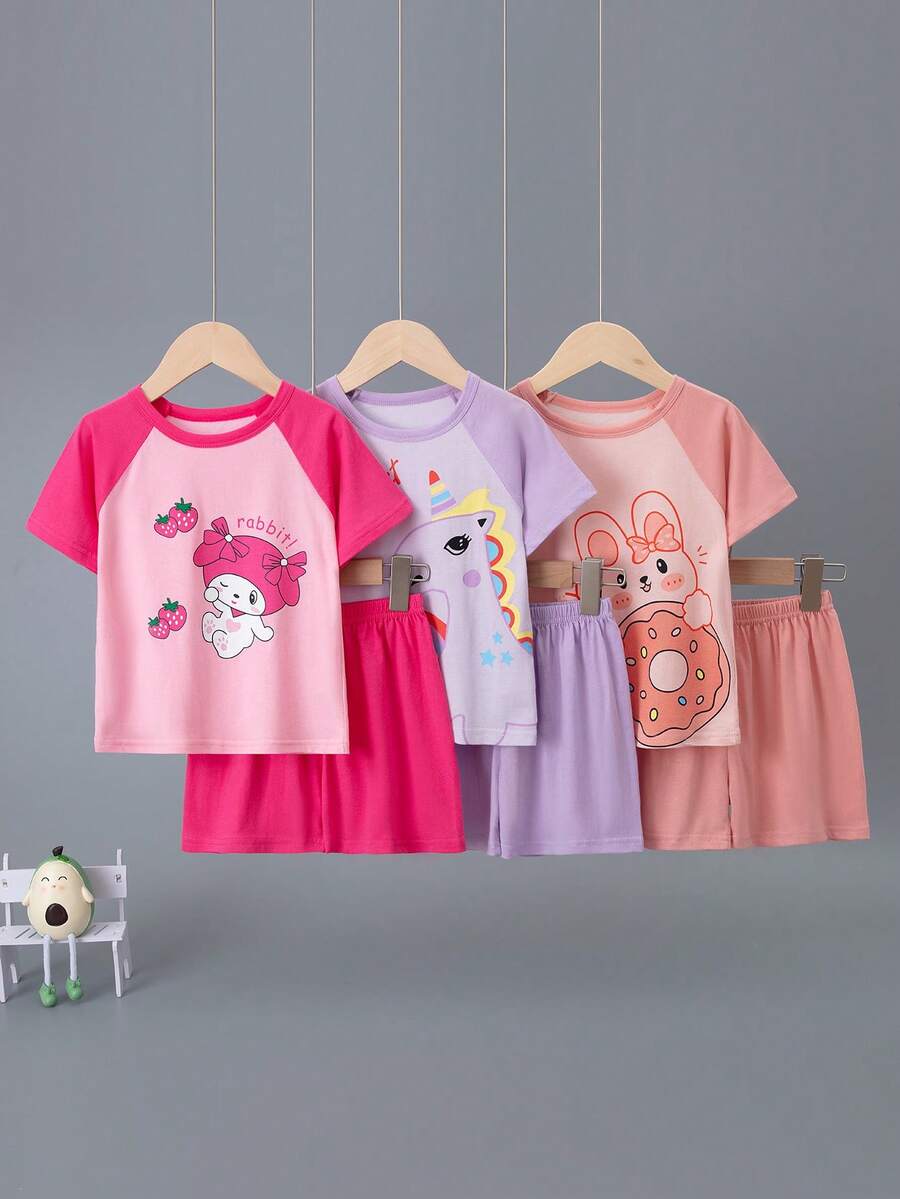 6pcs/Set Girls Short Sleeve & Shorts Sleepwear Set, Unicorn & Bunny Print, Summer Thin Pajama Set - Multicolor - View 1