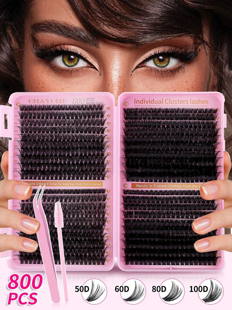 CMAYOME 800 件 D 卷睫毛延长套装，50D 60D 80D 100D 18-16 毫米 DIY 个人假睫毛，3D 水貂睫毛俄罗斯卷曲睫毛戏剧性凌乱适合化妆、角色扮演、全脸和日常佩戴，便携式日常使用睫毛簇、睫毛簇、单根睫毛、睫毛、假睫毛
