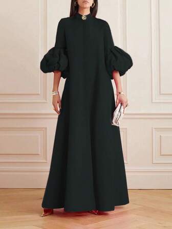 新款春夏秋季优雅法式修身显瘦大码灯笼袖中长款金属花朵纽扣装饰小立领连衣裙，休闲时尚百搭复古优雅修身，女装秋季连衣裙，秋季女装，女装秋季连衣裙，设计裙