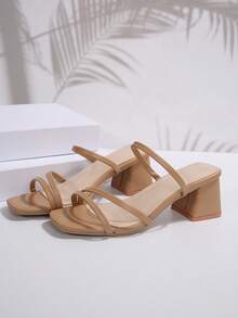 女士优雅白色高跟凉鞋 - 方头，粗跟，人造革系带，适合所有季节的正式鞋款，细高跟 - 卡其色 - 查看 6