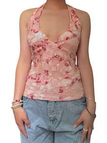 Women's Casual Vacation Style Sleeveless Hanging Neck Lace Splicing Slim Hanging Neck Camisole Tank Top Dating Vacation Party Beach Wear Fashion Summer Slim Low Neck Backless Tropical Printed Top - 珊瑚 - 查看 1