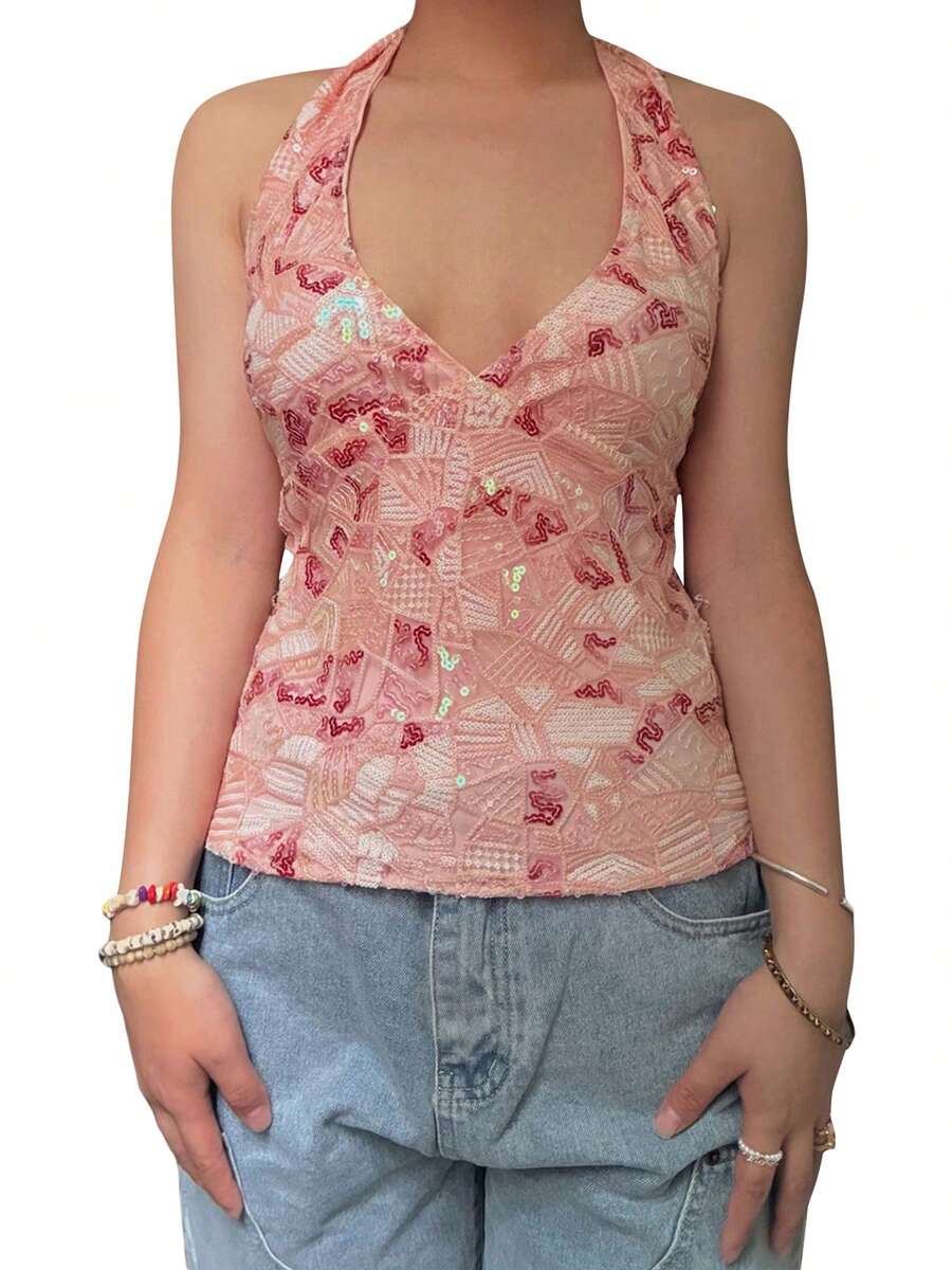 Women's Casual Vacation Style Sleeveless Hanging Neck Lace Splicing Slim Hanging Neck Camisole Tank Top Dating Vacation Party Beach Wear Fashion Summer Slim Low Neck Backless Tropical Printed Top - 珊瑚 - 查看 1