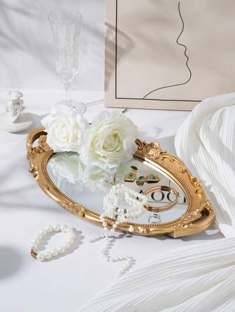 1pc Vintage Glass Mirror Jewelry Tray - Elegant Jewelry Display Organizer, Tabletop Decoration Ornament - Perfect Living Room Decor For Women Storage Organizer Travel Essentials Gift