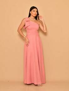 Helena Long Dress Luxury Plain Duna Linen With Bow One Shoulder - 乾枯玫瑰色 - 查看 3