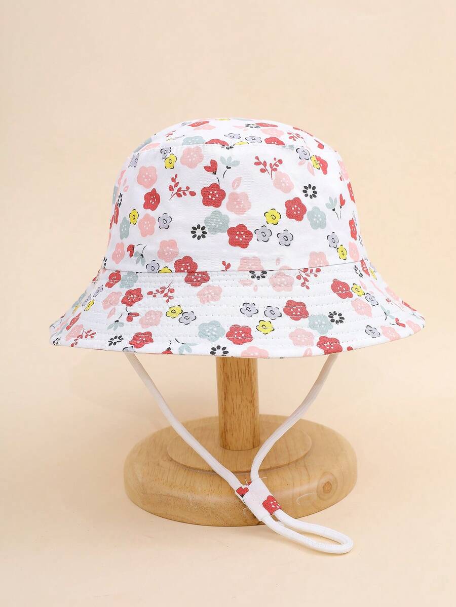 1pc Baby Cartoon Ditsy Floral & Animal Print Sun Hat, Windproof Bucket Hat For Kids, Spring/Summer - Pink - View 1