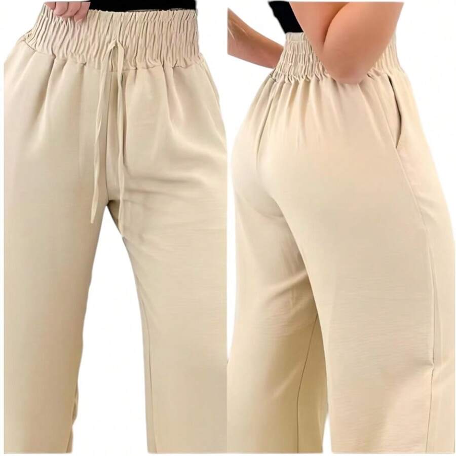Women's High Waist Wide Leg Pants With Pocket - 淺米色 - 查看 1