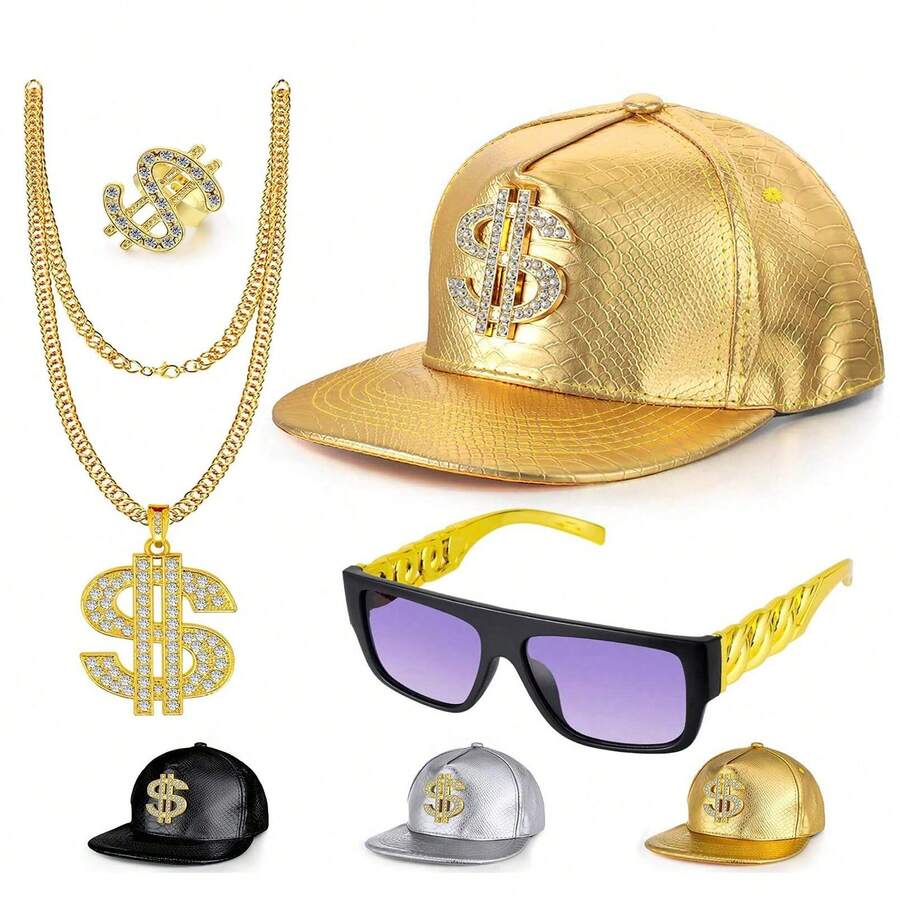 4Pcs Hip Hop Costume Kit 80s 90s Rapper Accessories Set Golden Rapper ...