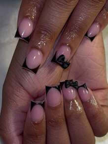 Instantly Enhances Your Charm 24pcs Press On Nails Short Classic Black French Tip Nails, Y2K Nail Art, Fashionable And Simple Short Square Nails, 3D Three-Dimensional Black Bow Decoration, Personalized Hot Girl, Detachable Press On Fake Nails, Casual Daily Nail Set, Suitable For Girls And Women's Daily Life, Beach Parties, Street Rock, Music Festival Nail Supplies