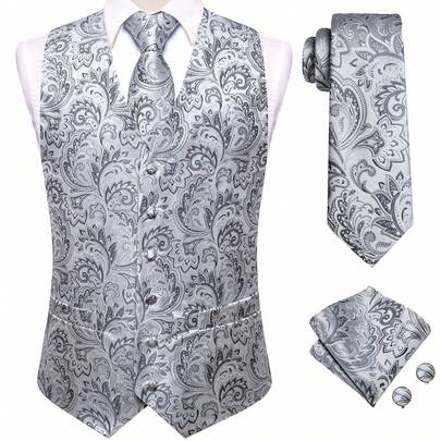 Mens Waistcoat Silver Grey Floral Vest Tie Handkerchief Cufflinks Set Wedding Formal Casual