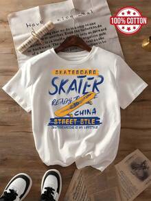 100% Cotton T-shirt | Shipped from Mexico | High-quality breathable fabric | Women's black and white loose short-sleeve printed cotton Skateboard Skater Ready To China |Machine Washable|Crew Neck Casual Sport Top|Comfortable and Stylish| - Blanco - Ver 2