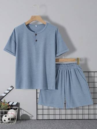 2 pièces Ensemble décontracté ample pour garçons préadolescents, Top et short minimaliste