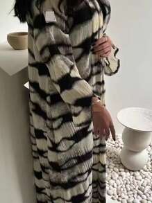 1pc Women Printed Pleated Openwork Cardigan, Black & White Color, Muslim Arabic Style Long Robe Dress, Suitable For Daily Gathering And Abaya