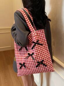 Large Capacity Plaid Bow Decor Handbag & Shoulder Bag For Women, Students School Tote Bag, Commute & Travel Diaper Bag